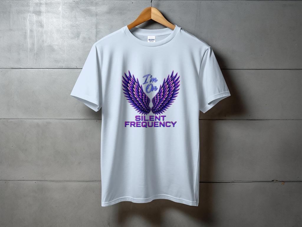 White t-shirt with purple wings graphic and "I'm On SILENT FREQUENCY" text.