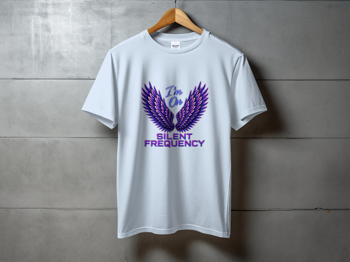 White t-shirt with purple wings graphic and "I'm On SILENT FREQUENCY" text.