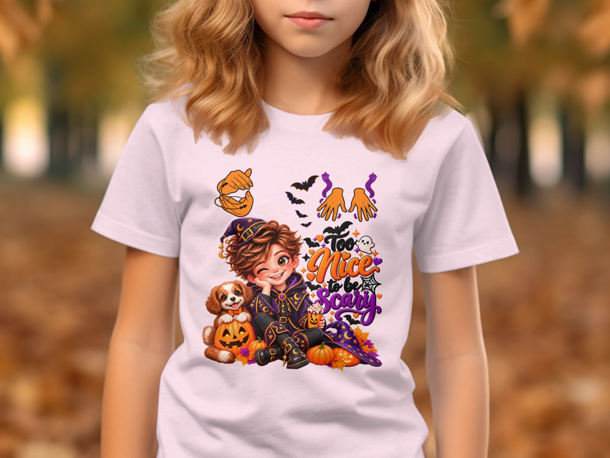 Halloween t-shirt graphic of a boy, dog, pumpkins, and text "Too Nice to be Scary".