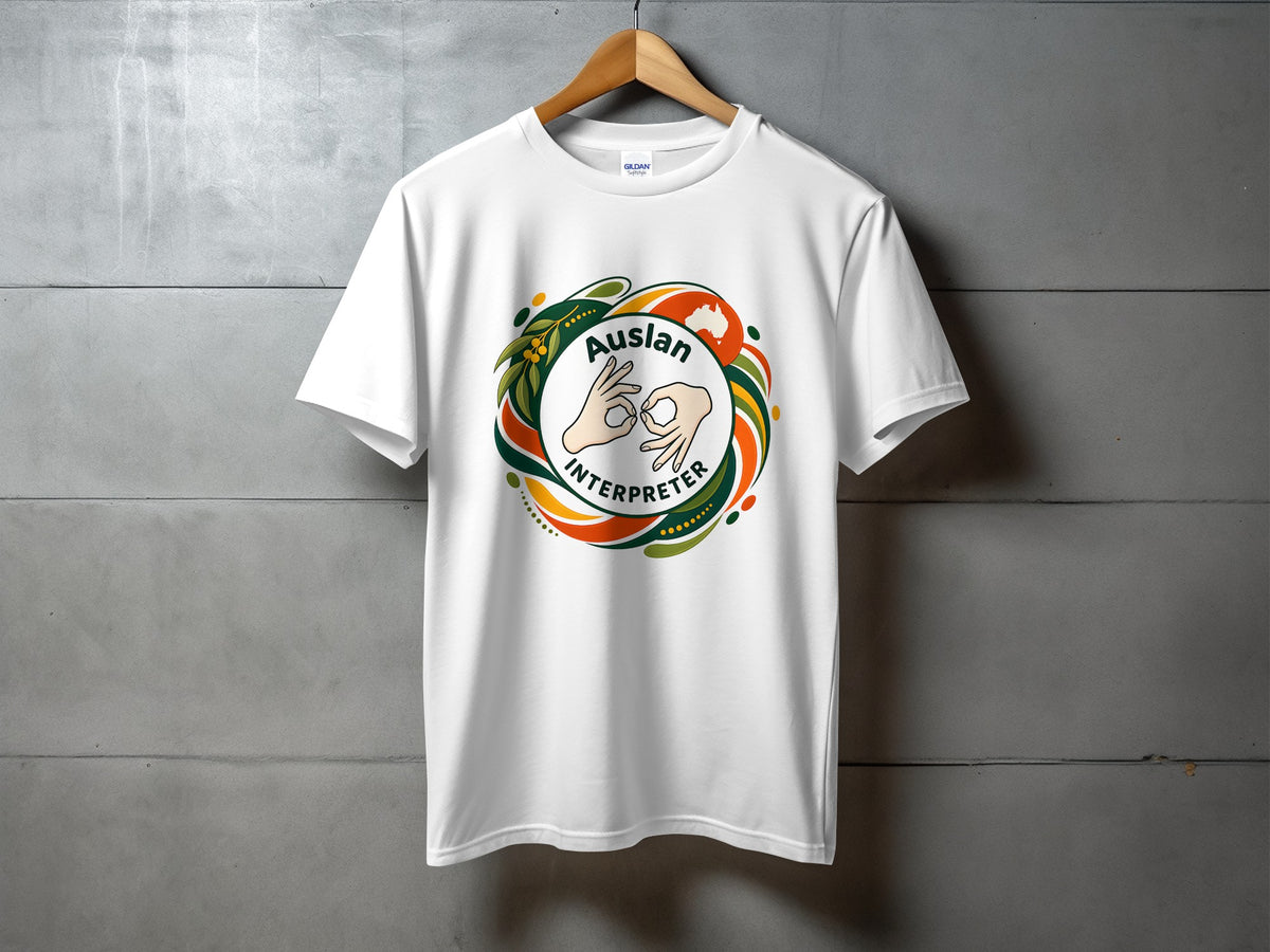 White t-shirt with Auslan Interpreter logo featuring hand gestures and Australian map.
