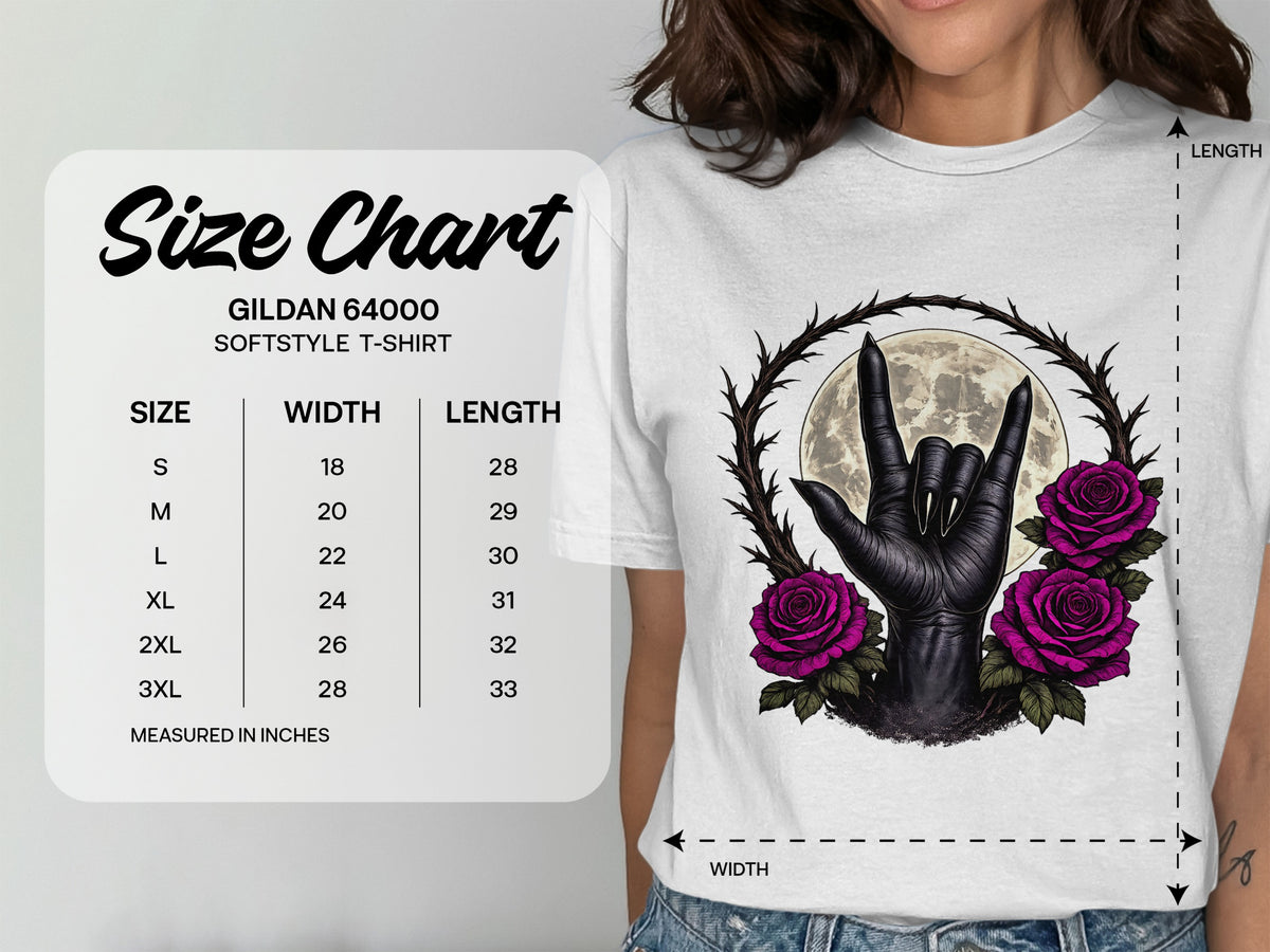Gildan 64000 Softstyle T-shirt size chart in inches with measurements.
