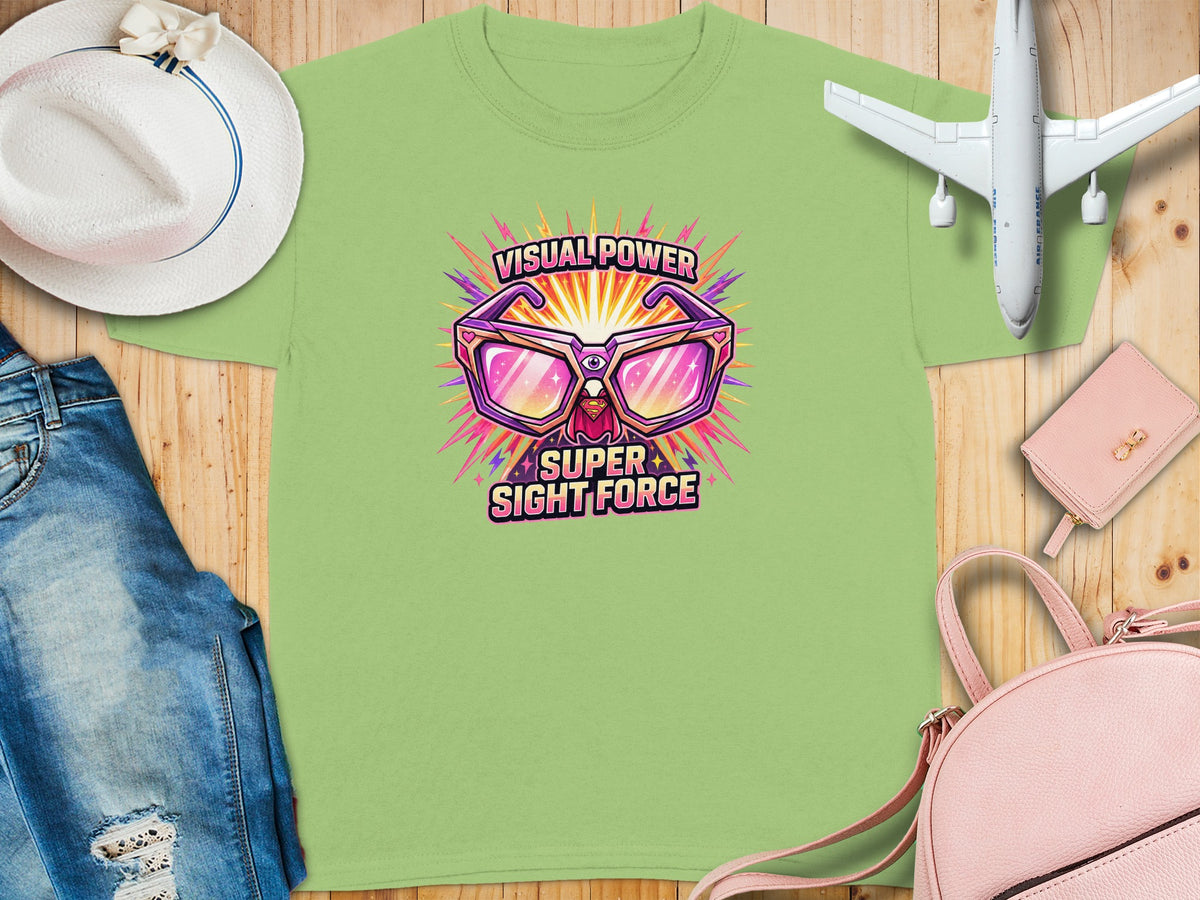 Light green t-shirt with "VISUAL POWER" and "SUPER SIGHT FORCE" graphic.