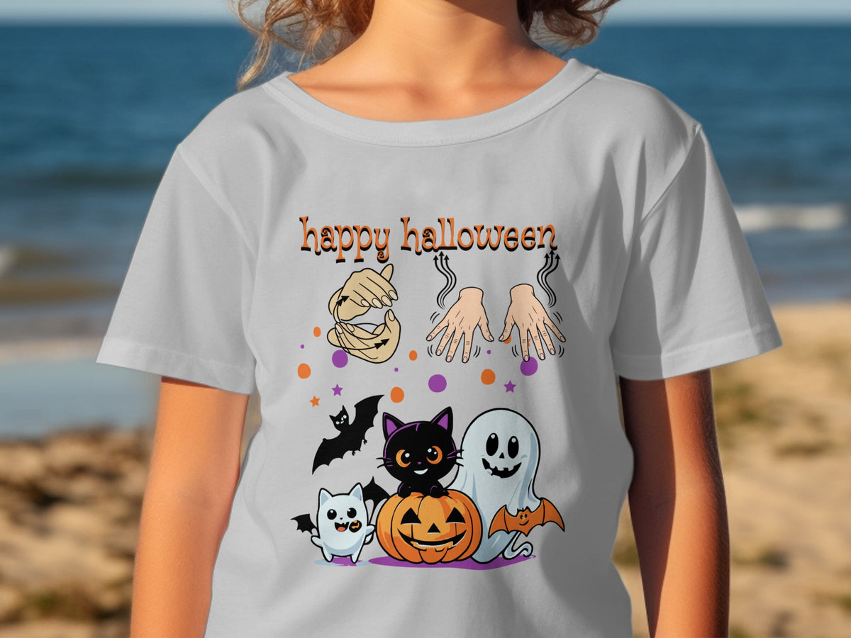 Happy Halloween text with cartoon cat, ghost, bats, pumpkin, and hands.