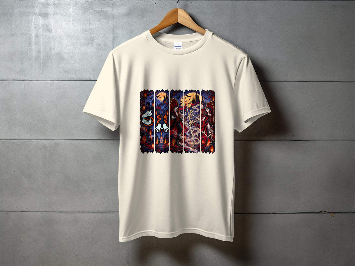Cream t-shirt with a vertical panel graphic of vampires and skeletons in a spooky setting.