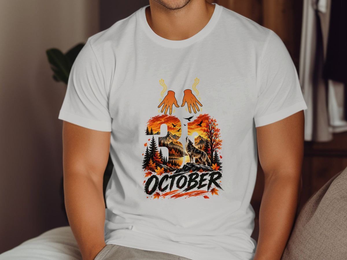 White t-shirt with "31 OCTOBER" and a wolf howling at sunset.