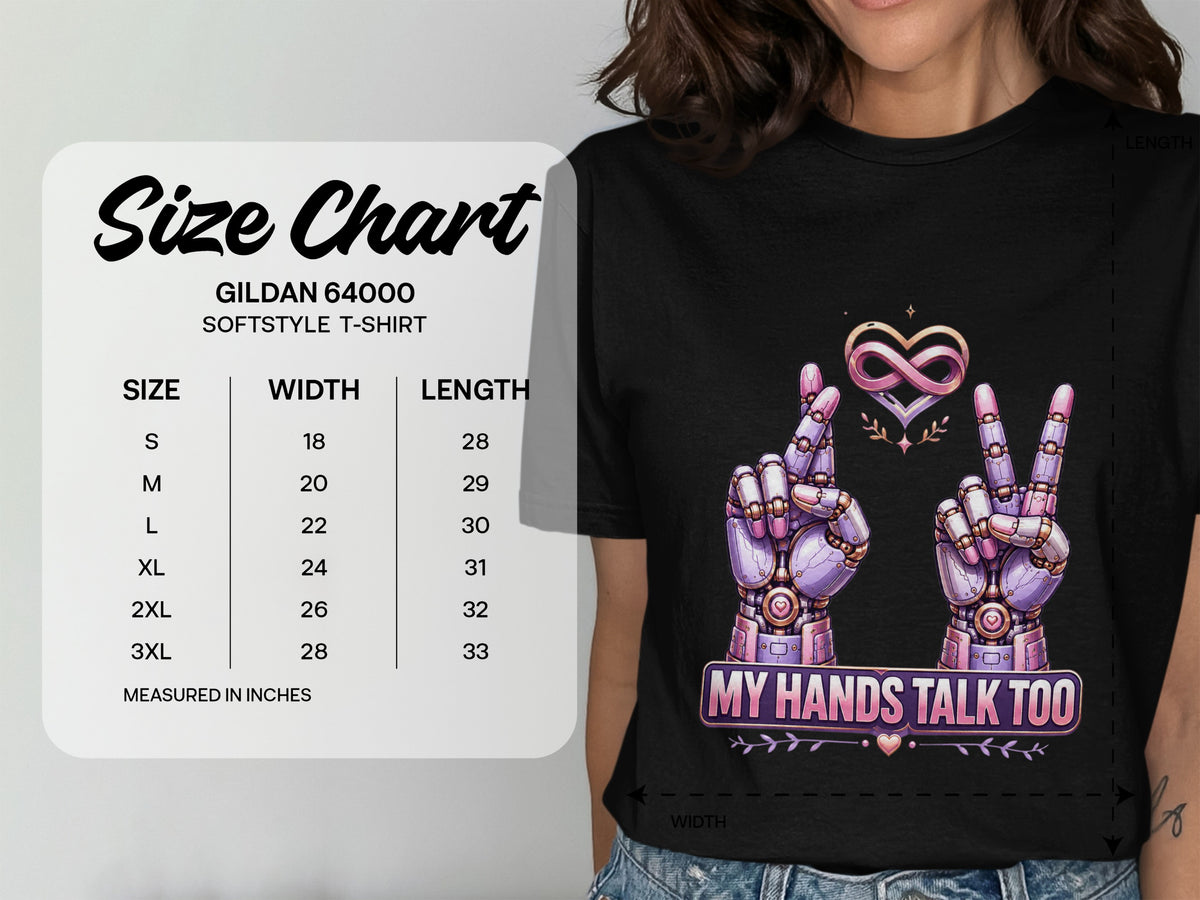 Size chart for Gildan 64000 Softstyle T-Shirt with measurements in inches.