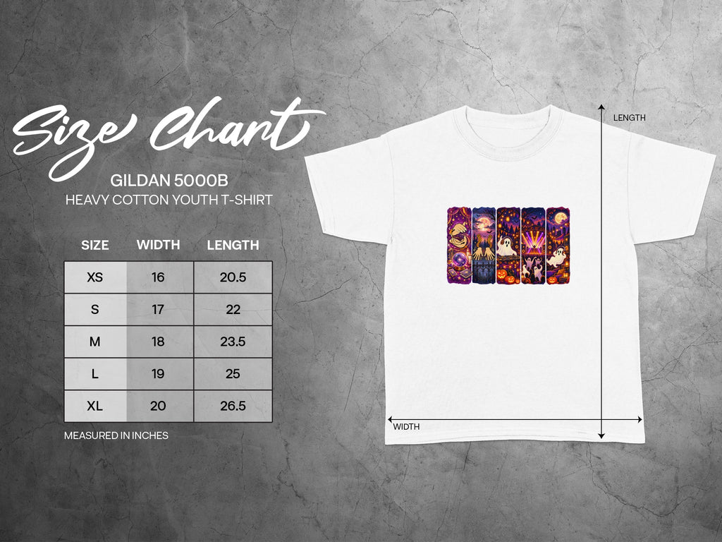 Gildan 5000B youth t-shirt size chart with width and length measurements in inches.
