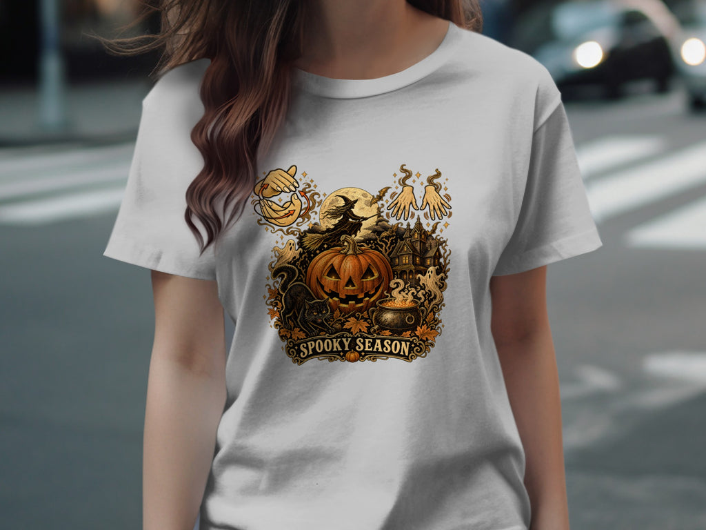 Halloween graphic with pumpkin, witch, haunted house, ghosts, and the text "Spooky Season".