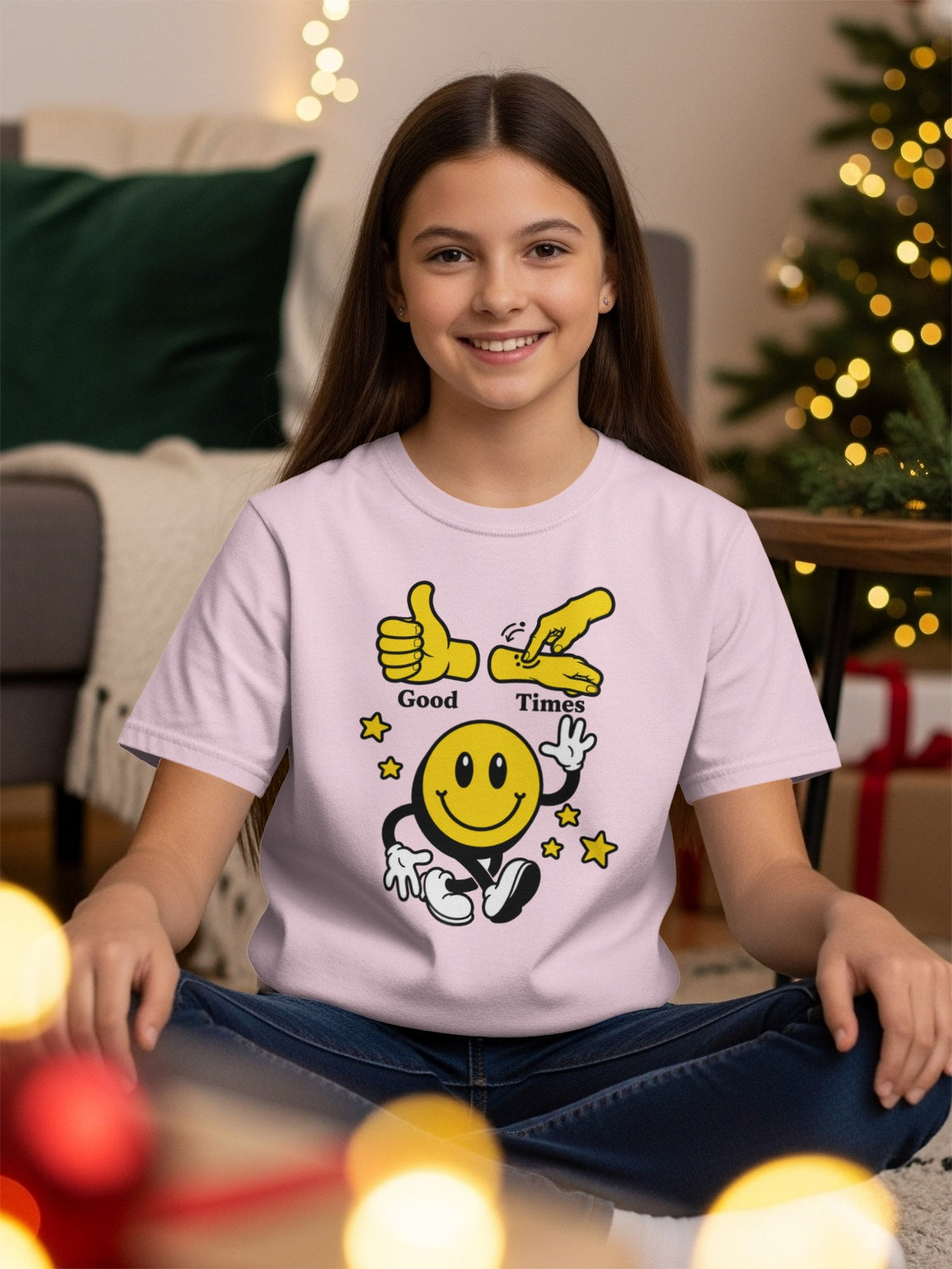 Pink t-shirt with yellow smiley face and "Good Times" text graphic.