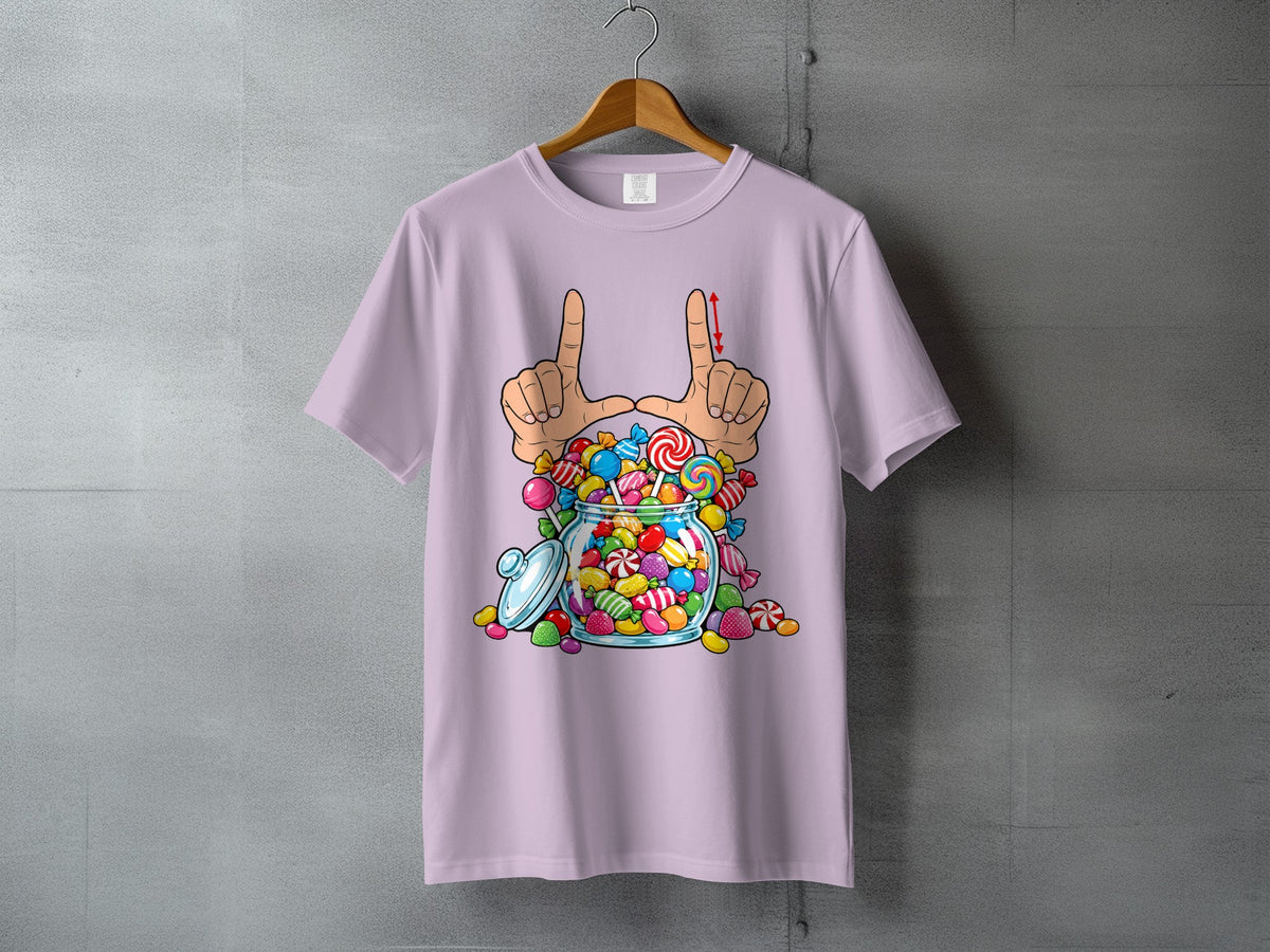 Light purple t-shirt with cartoon jar overflowing with colorful candies and framing hands.