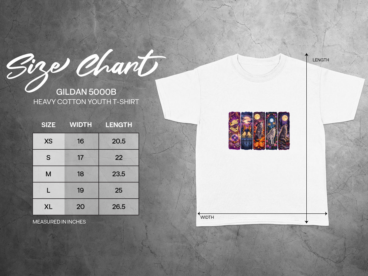 Gildan 5000B youth t-shirt size chart with width and length measurements in inches.