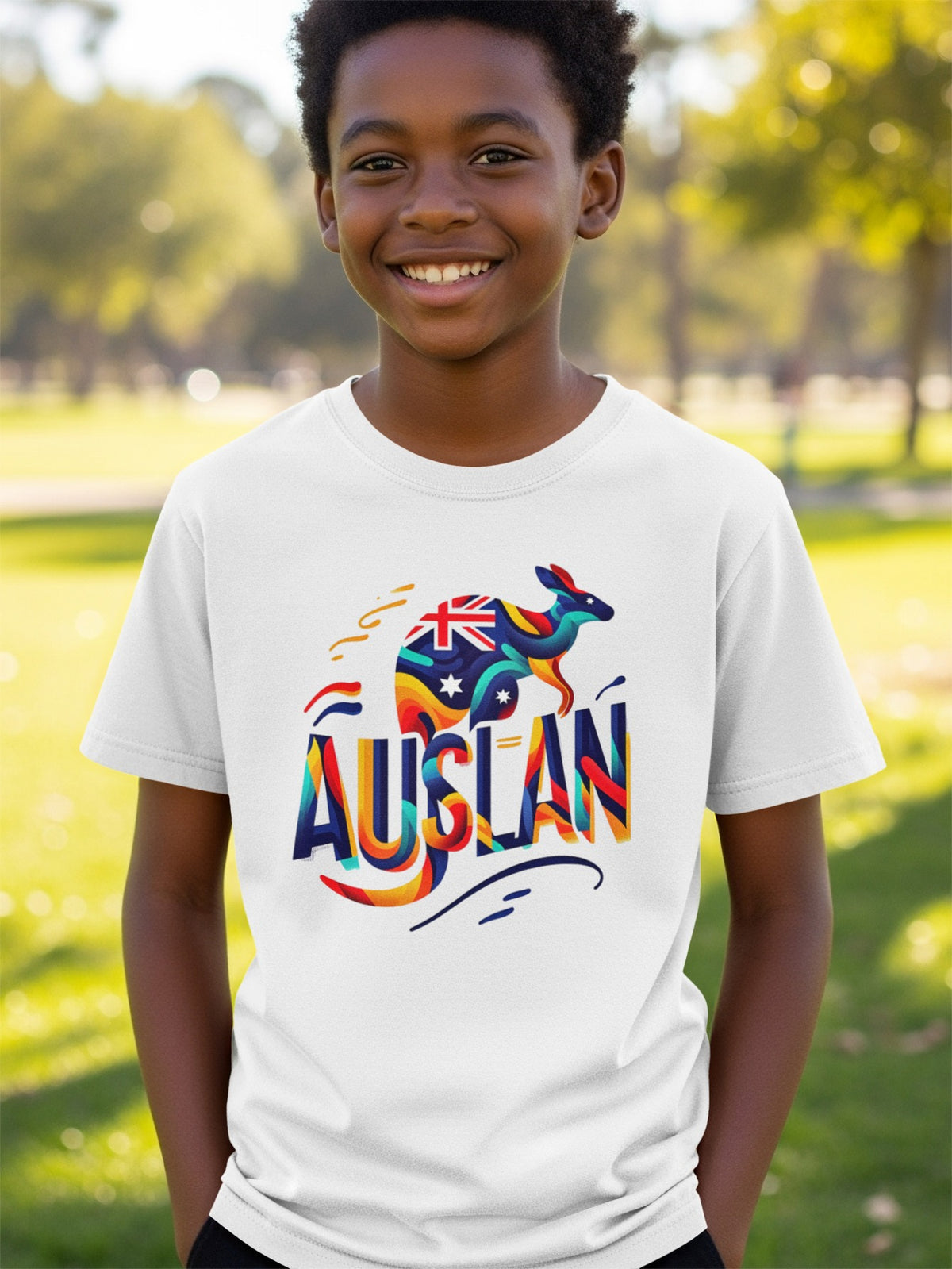 Boy wearing white t-shirt with colorful "AUSLAN" text and kangaroo graphic.