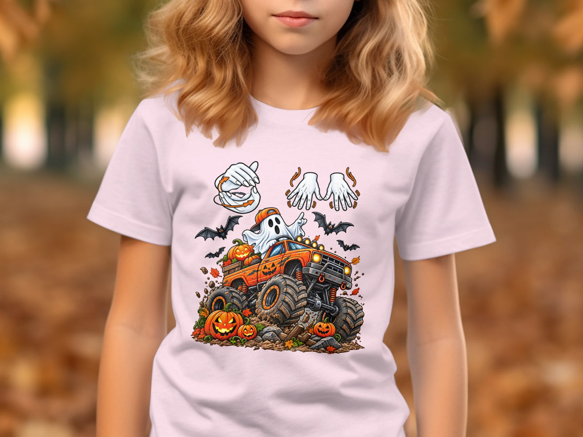 Ghost driving monster truck with pumpkins and bats on a white t-shirt.