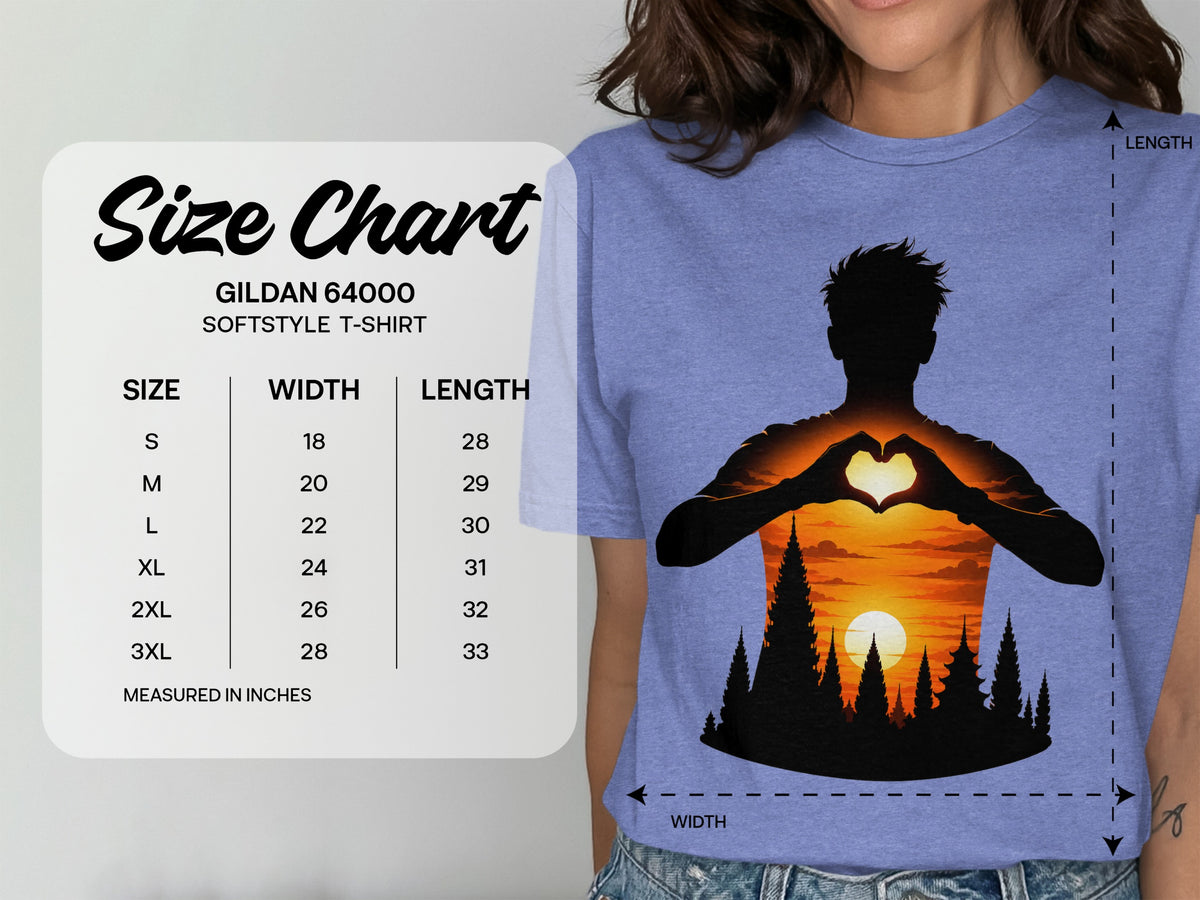 Gildan 64000 softstyle t-shirt size chart with width and length measurements in inches.