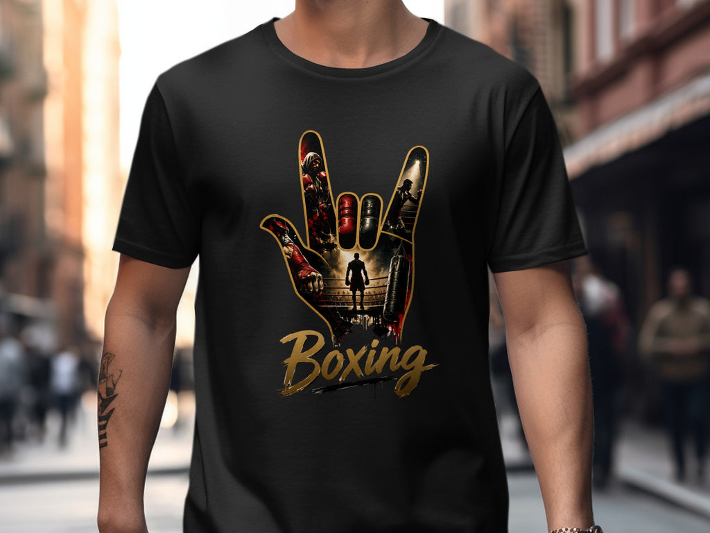 Black t-shirt with a graphic of a hand in a rock on gesture with boxing scenes and the word "Boxing".