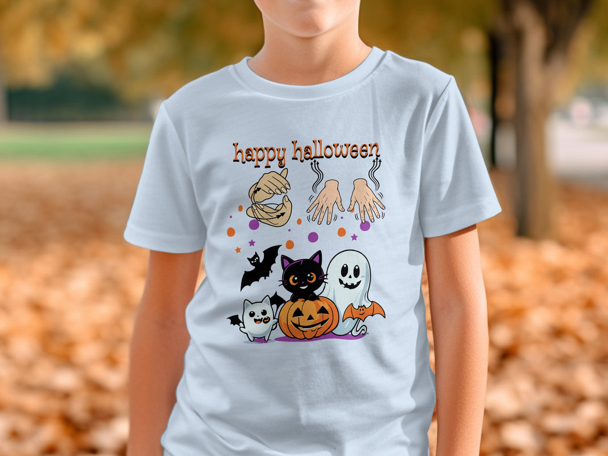White t-shirt with "happy halloween" text and cartoon characters.