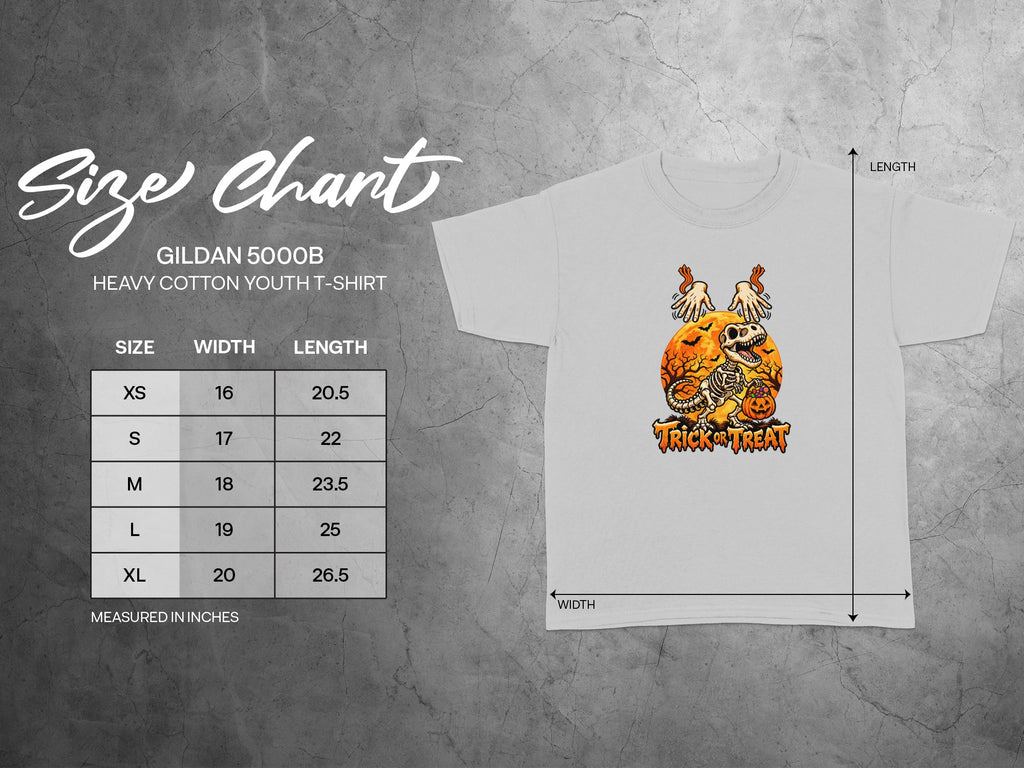 Gildan 5000B youth t-shirt size chart with width and length measurements in inches.