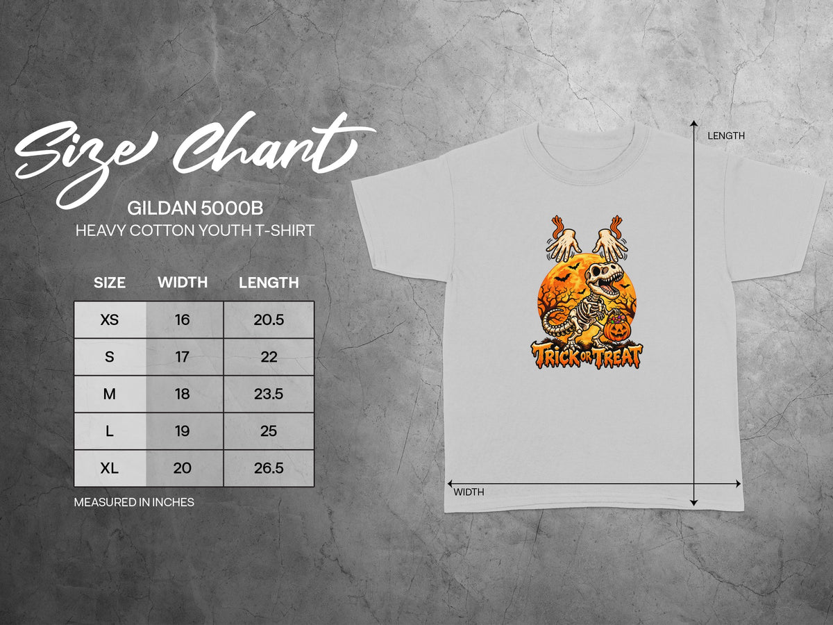 Gildan 5000B youth t-shirt size chart with width and length measurements in inches.