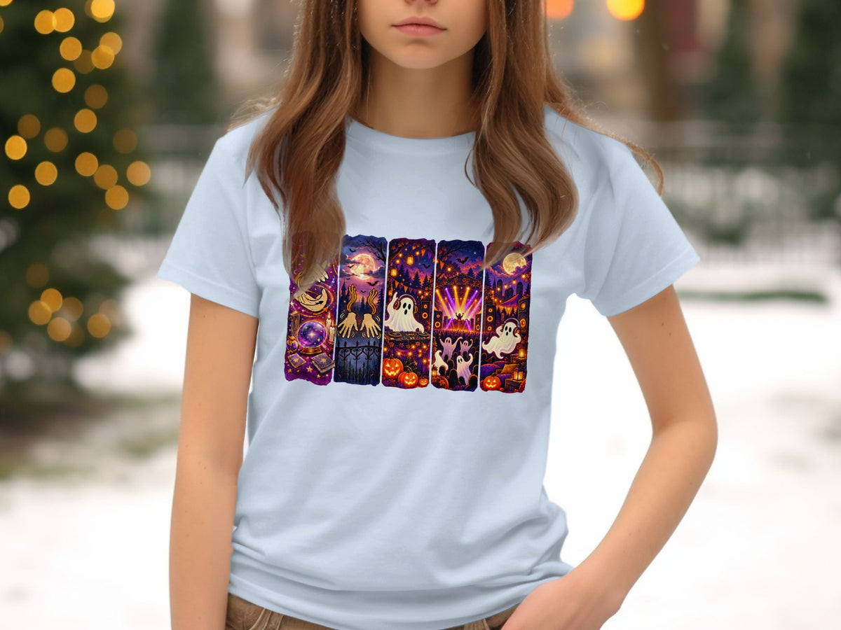 Light blue t-shirt featuring a colorful, vertical Halloween graphic with ghosts and pumpkins.