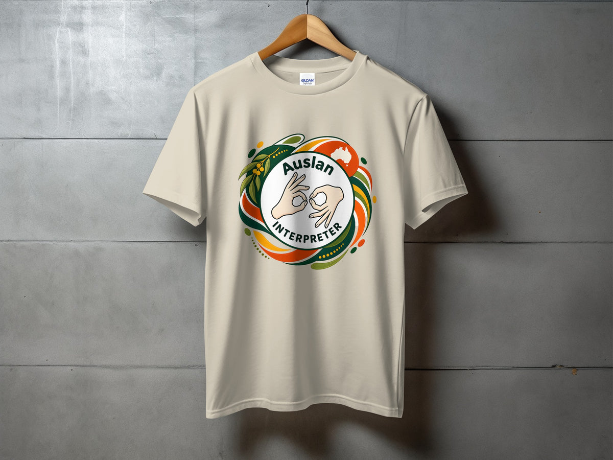 T-shirt with "Auslan Interpreter" text and sign language hands graphic.