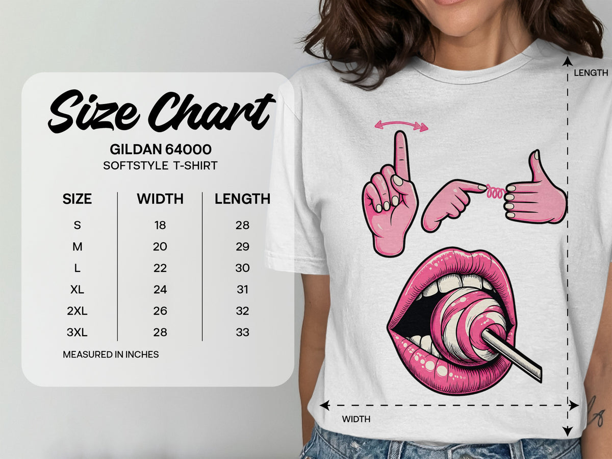 Gildan 64000 Softstyle T-shirt size chart with width and length in inches.
