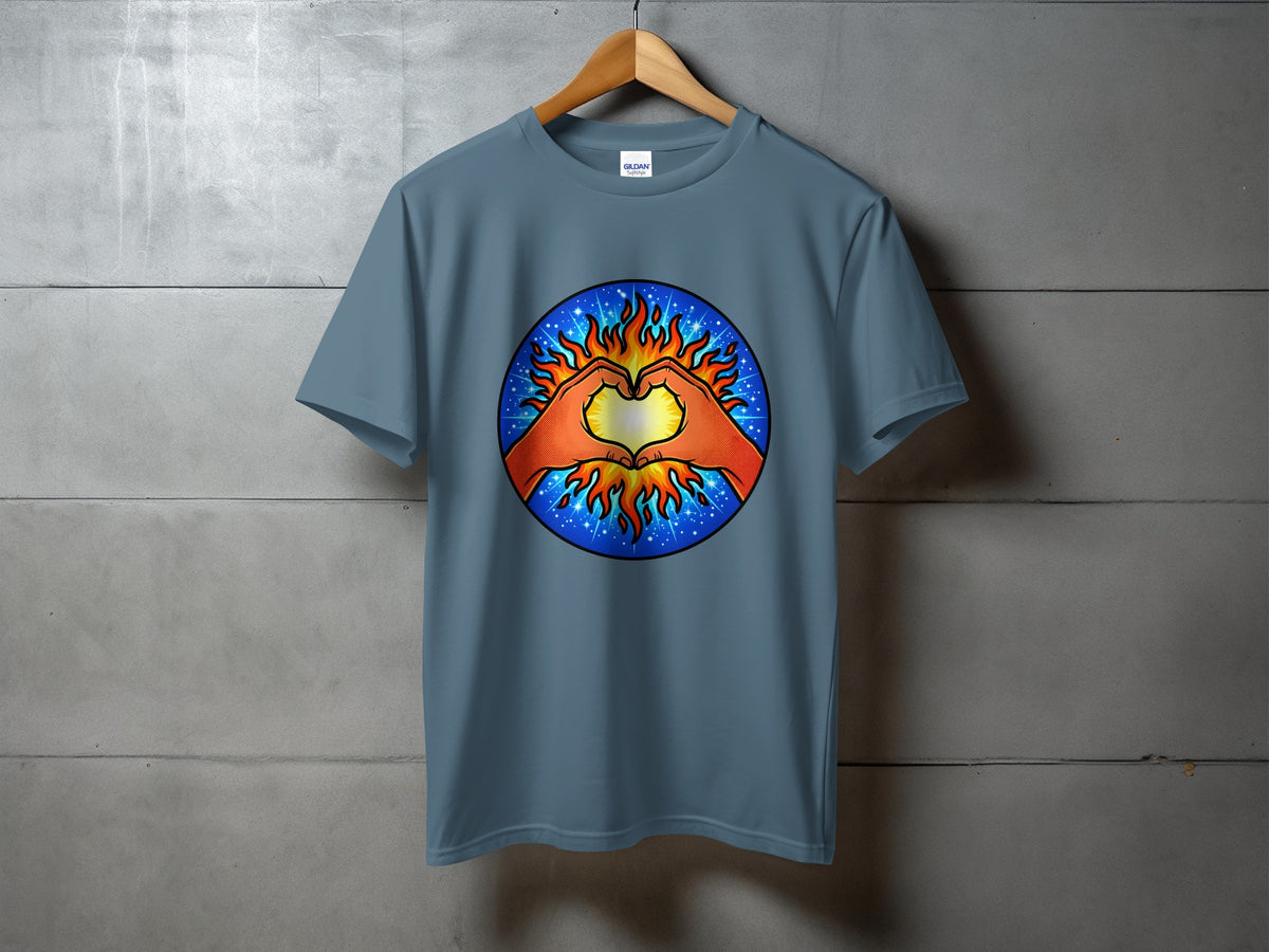 Blue t-shirt with a circular graphic of hands forming a heart around a sun with flames.