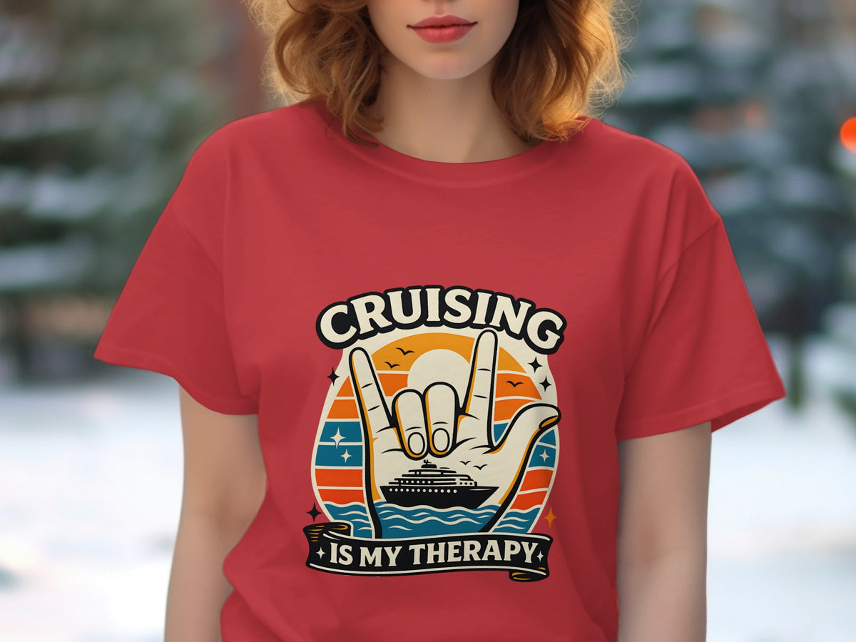 Cruising is my therapy graphic with hand sign, cruise ship, and sunset.