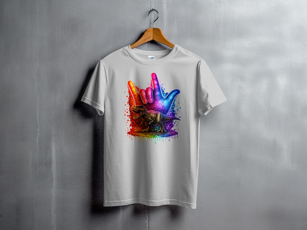 White t-shirt with a colorful dinosaur and a hand making the sign language symbol for "I Love You".