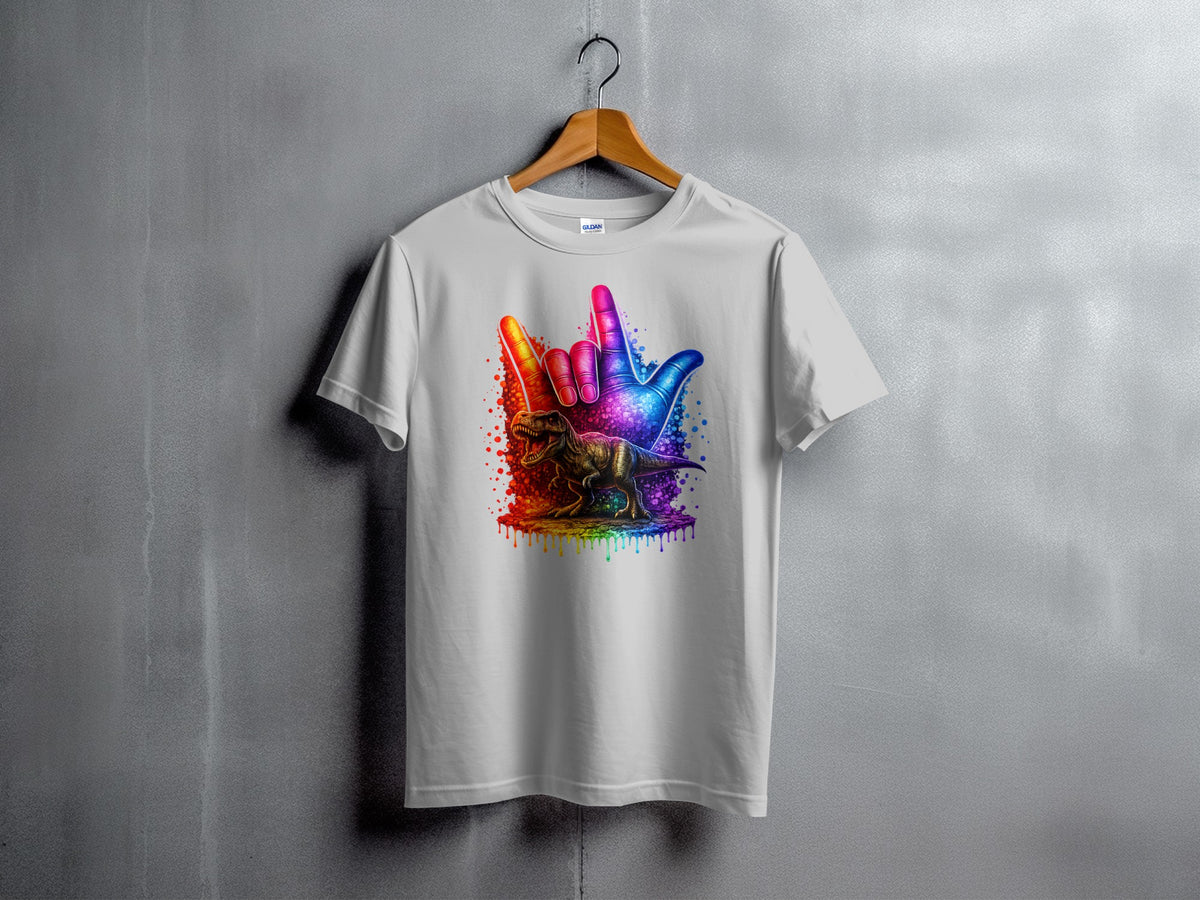 White t-shirt with a colorful dinosaur and a hand making the sign language symbol for "I Love You".