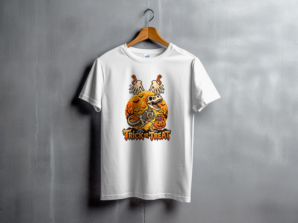 White t-shirt with skeleton dinosaur, pumpkins, and "Trick or Treat" text.