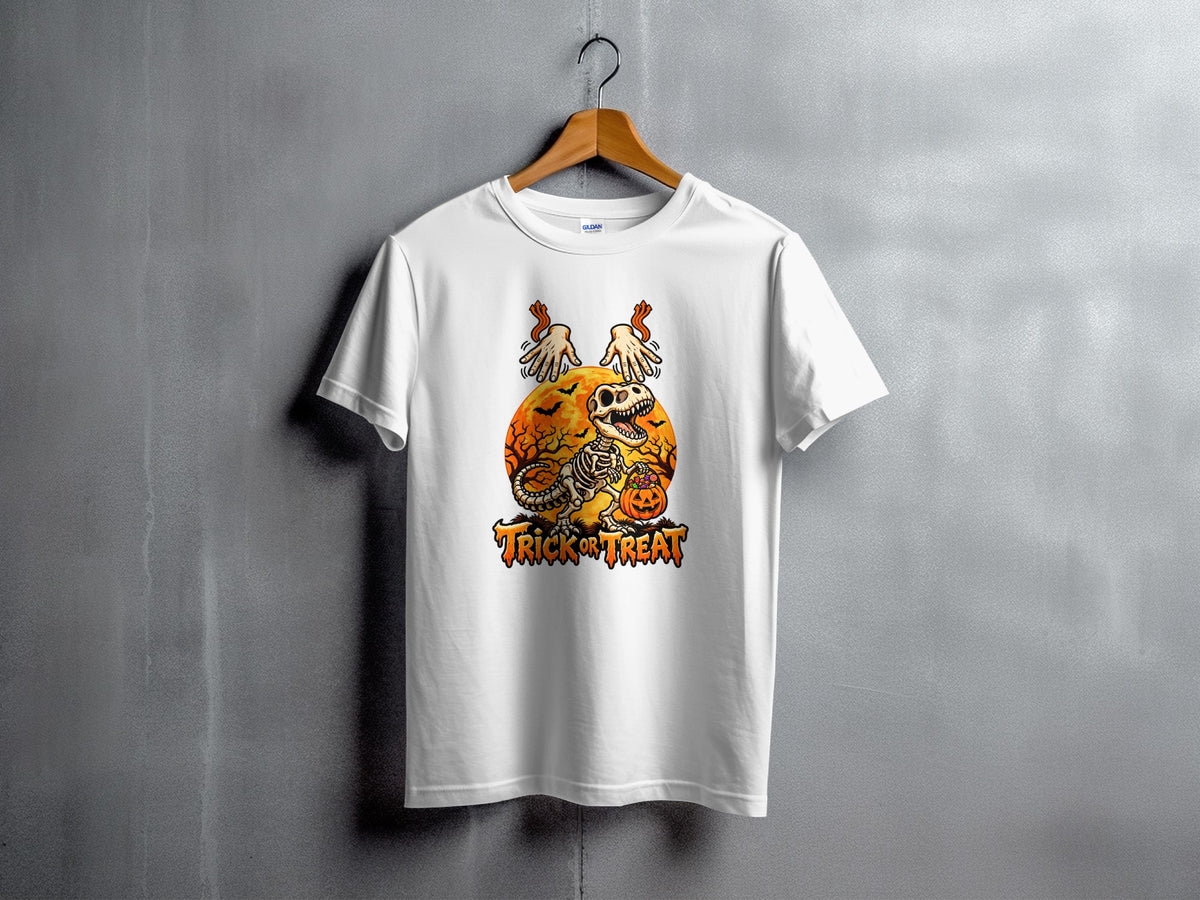 White t-shirt with skeleton dinosaur, pumpkins, and "Trick or Treat" text.