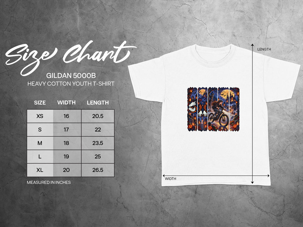 Gildan 5000B youth t-shirt size chart with width and length measurements.