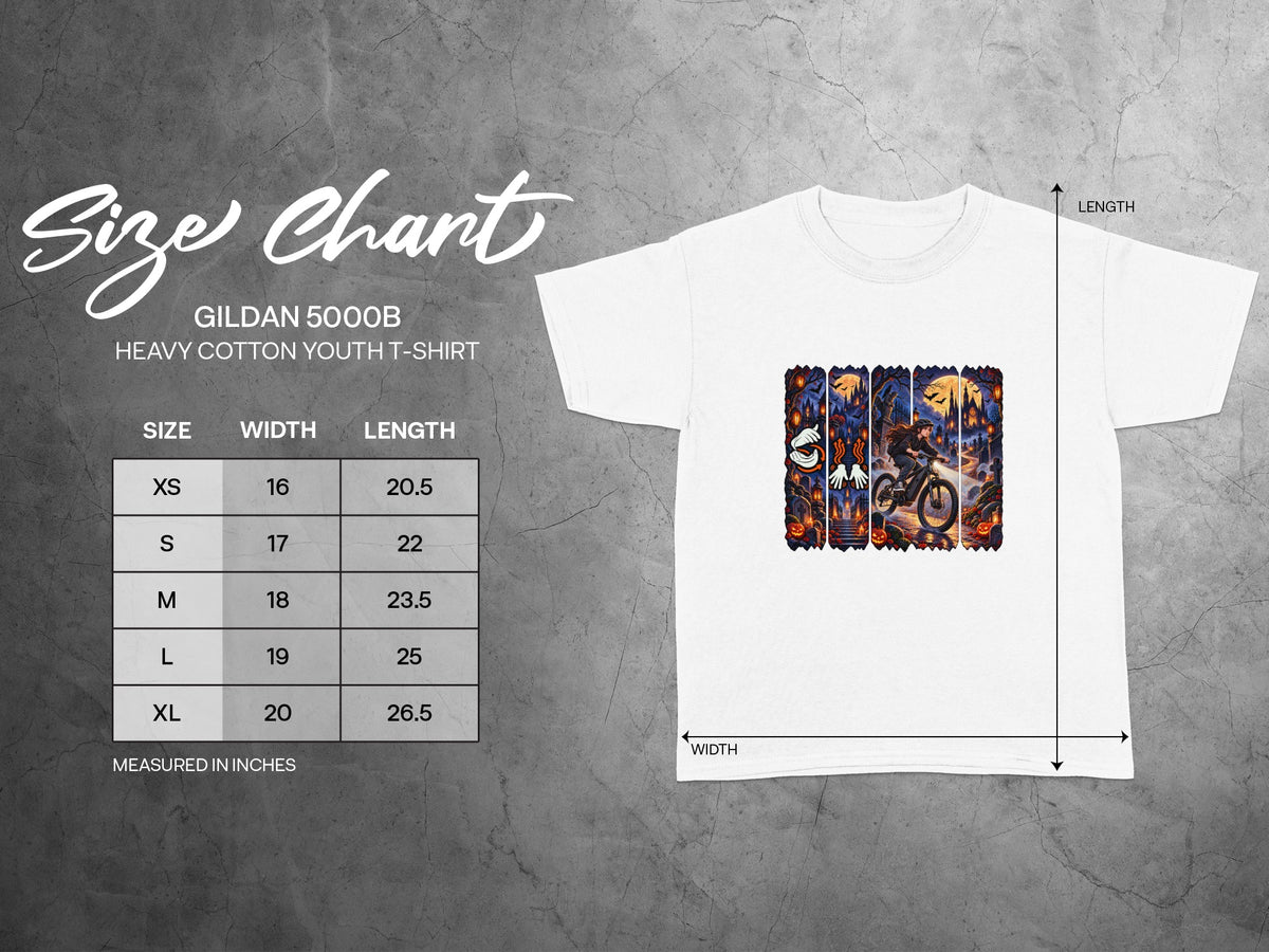 Gildan 5000B youth t-shirt size chart with width and length measurements.