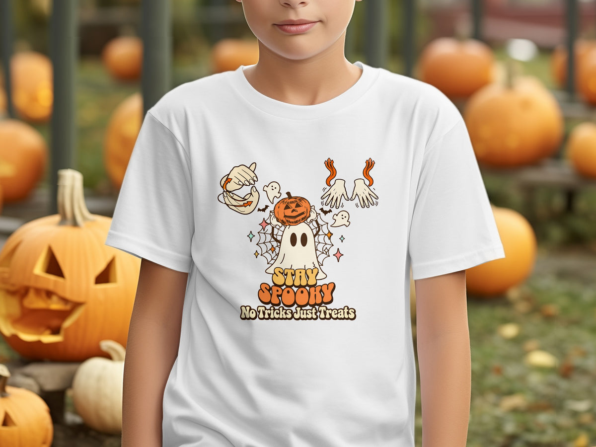 White t-shirt with ghost, pumpkin, and text "Stay Spooky No Tricks Just Treats".