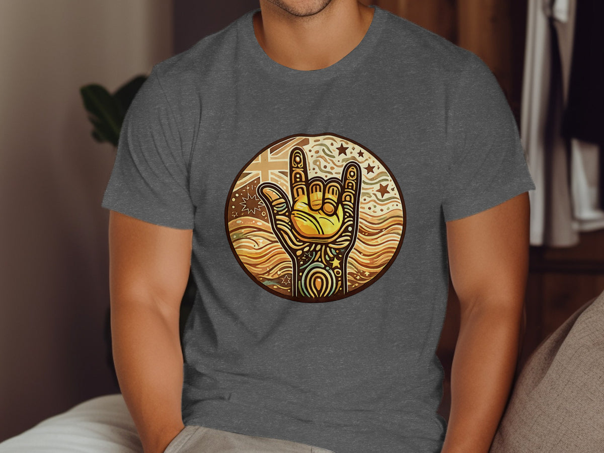 T-shirt with a circular graphic of a hand making a rock gesture.