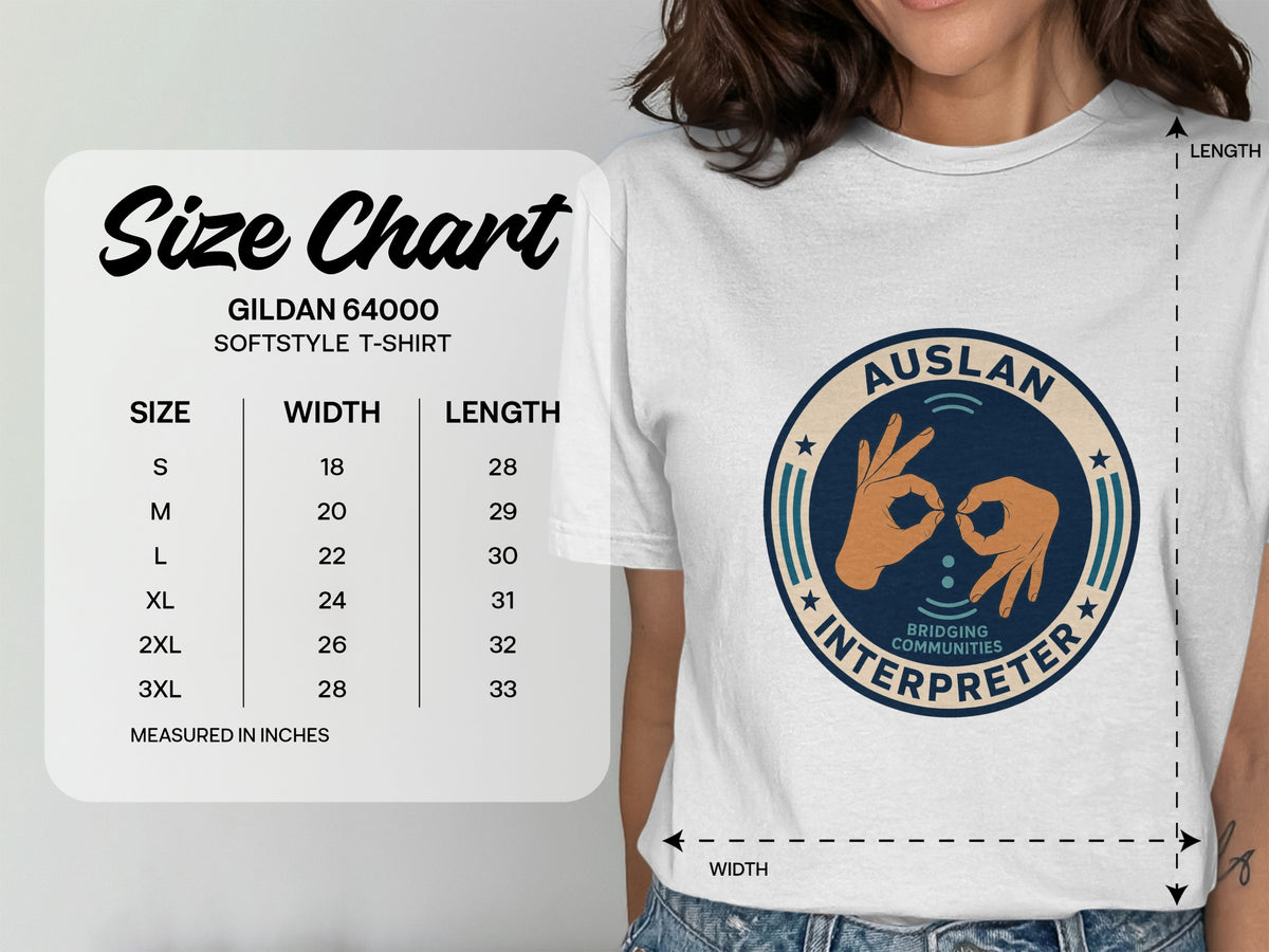 Gildan 64000 Softstyle T-shirt size chart showing width and length in inches.