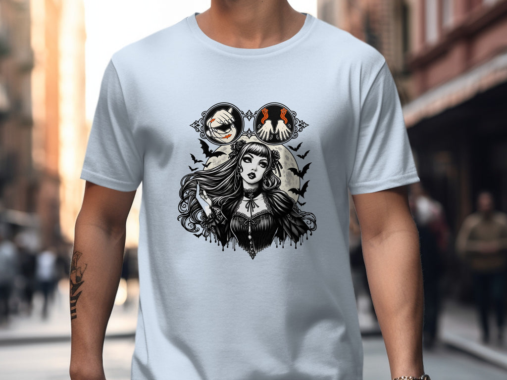 Gothic woman with bats and moon, two circular icons above her head.