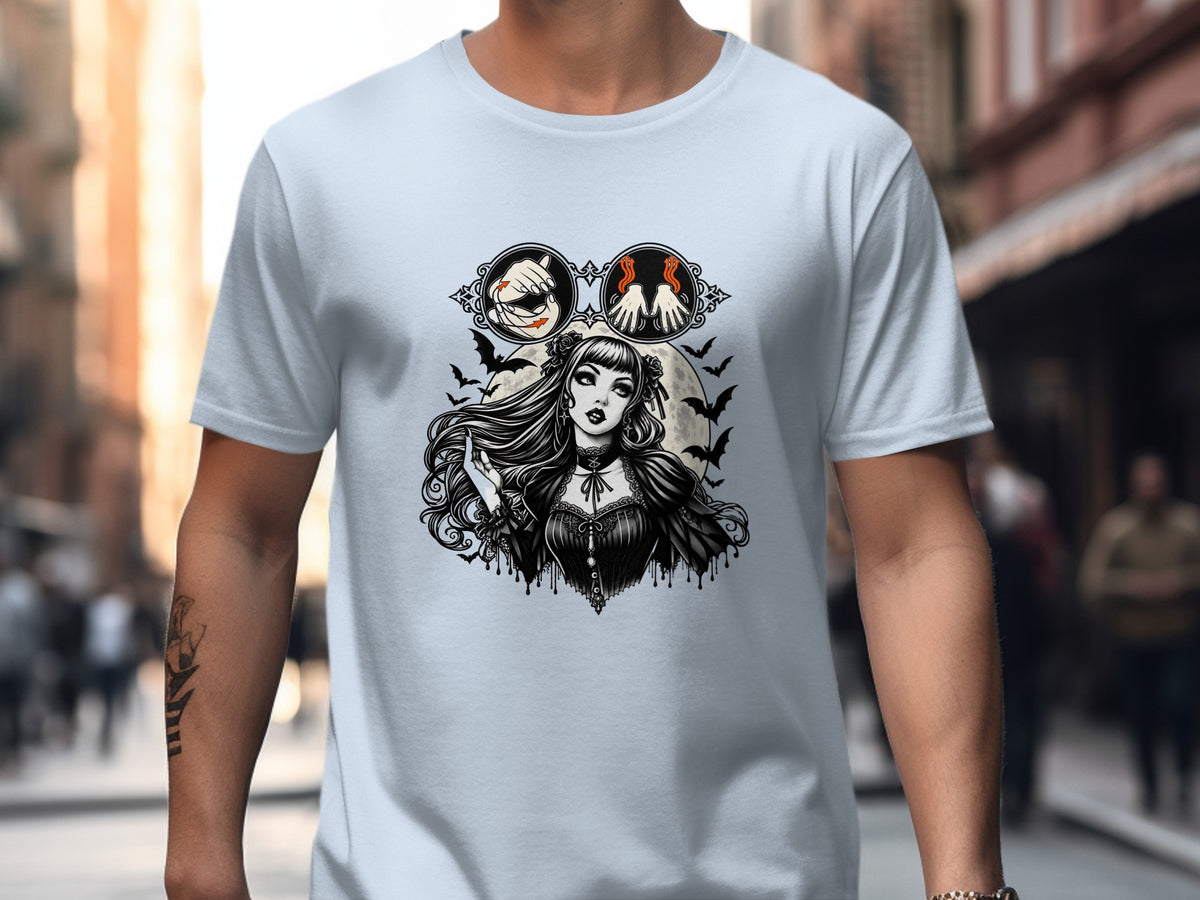 Gothic woman with bats and moon, two circular icons above her head.