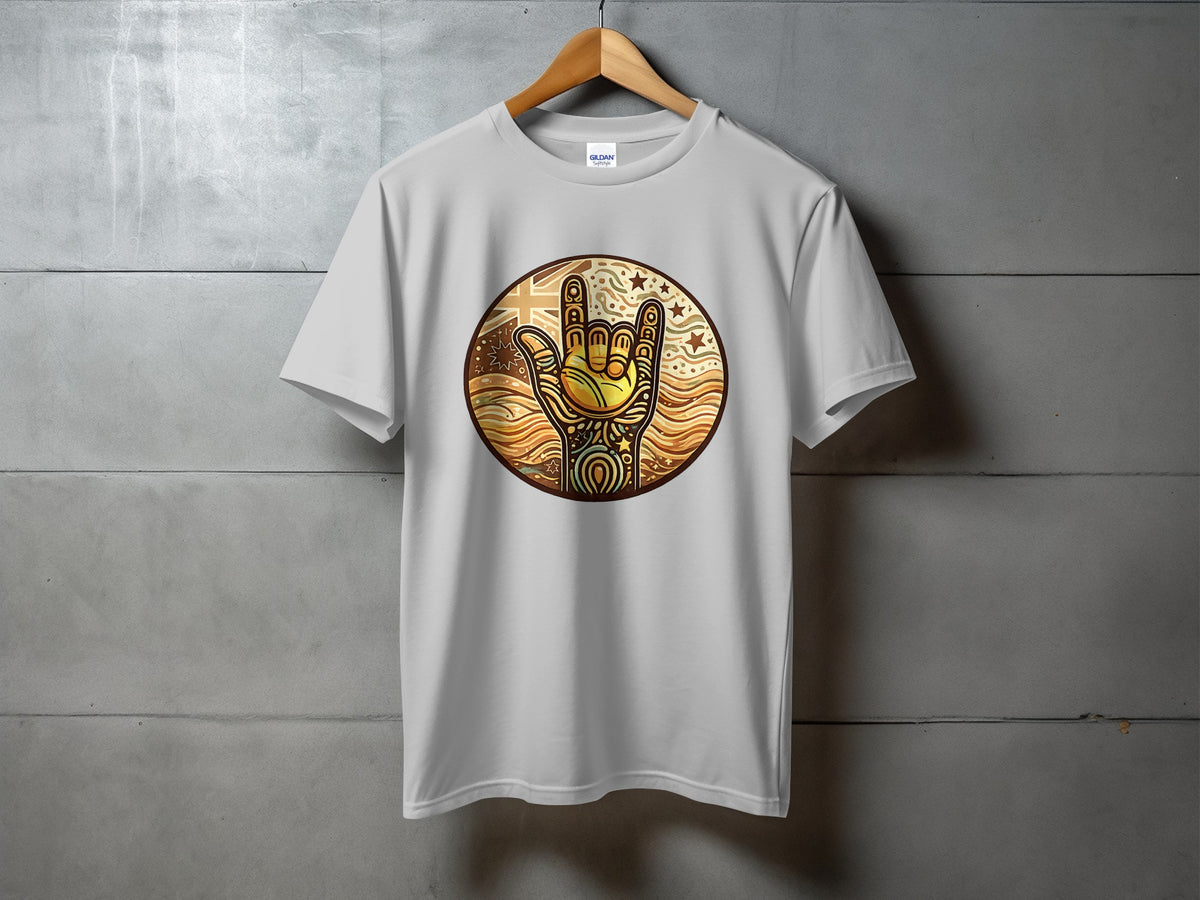 White t-shirt with a circular graphic of a hand making rock horns, a cricket ball, and wavy patterns.