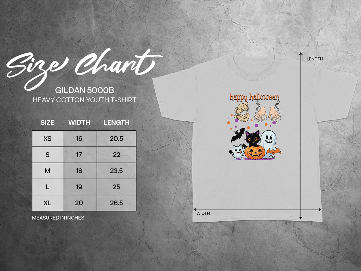 Gildan 5000B youth t-shirt size chart with Halloween graphic.