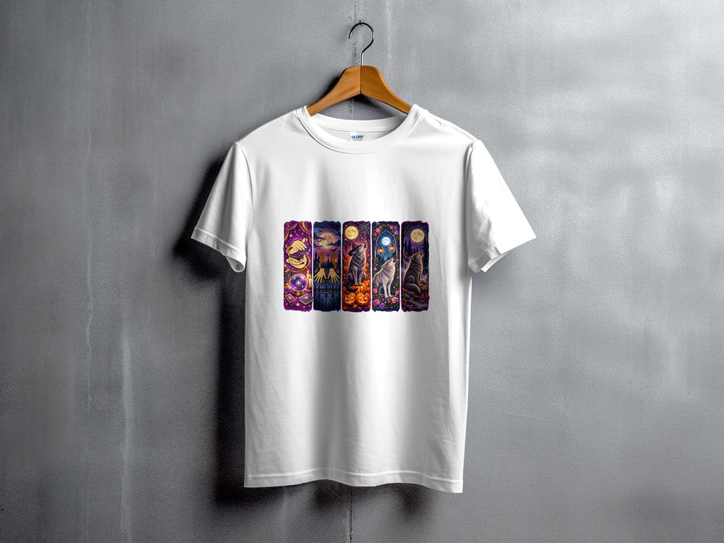 White t-shirt featuring a row of colorful, mystical tarot-card-like designs with wolves and Halloween themes.