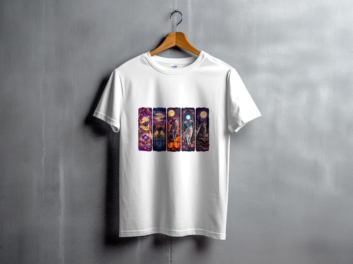 White t-shirt featuring a row of colorful, mystical tarot-card-like designs with wolves and Halloween themes.