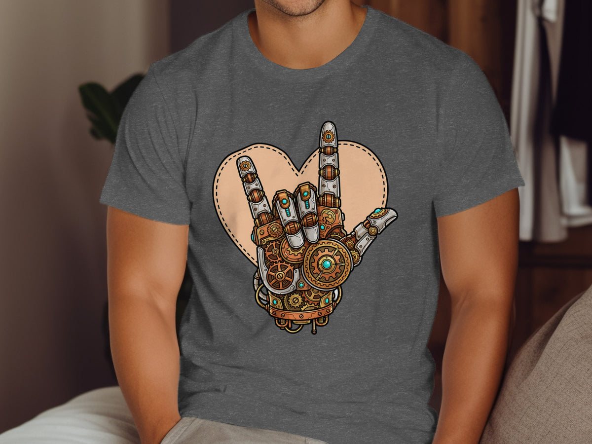 Steampunk mechanical hand giving rock on gesture against a heart background.