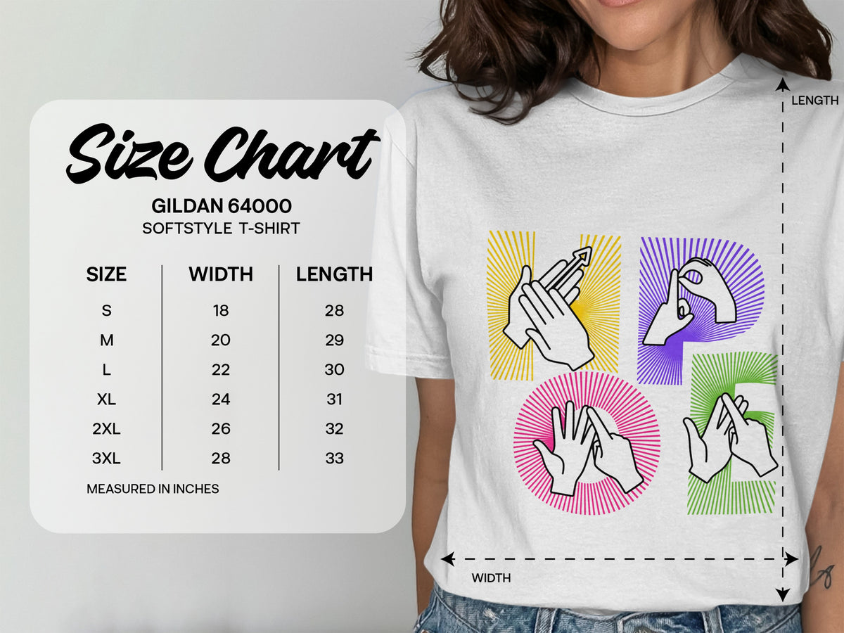 Gildan 64000 Softstyle T-Shirt size chart with width and length measurements in inches.