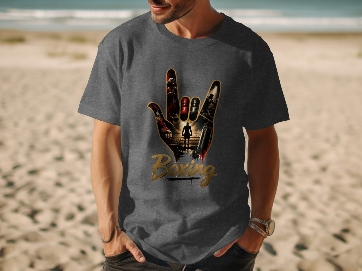 Grey t-shirt with a hand gesture graphic depicting boxing scenes and the word "Boxing".