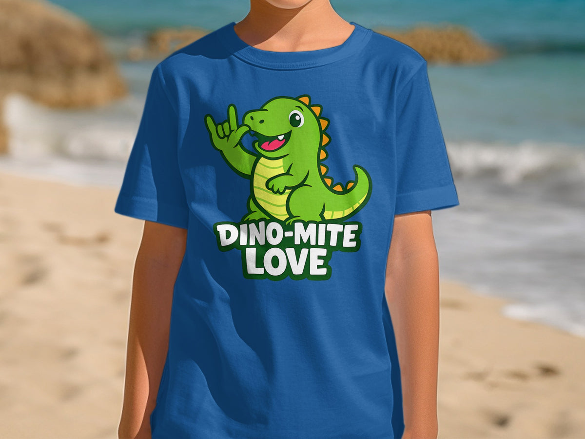 Blue t-shirt with green cartoon dinosaur and text "DINO-MITE LOVE".