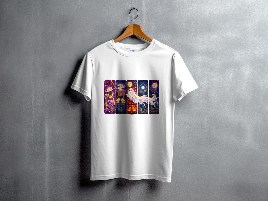 White t-shirt with a Halloween-themed graphic featuring a ghost and various spooky scenes.