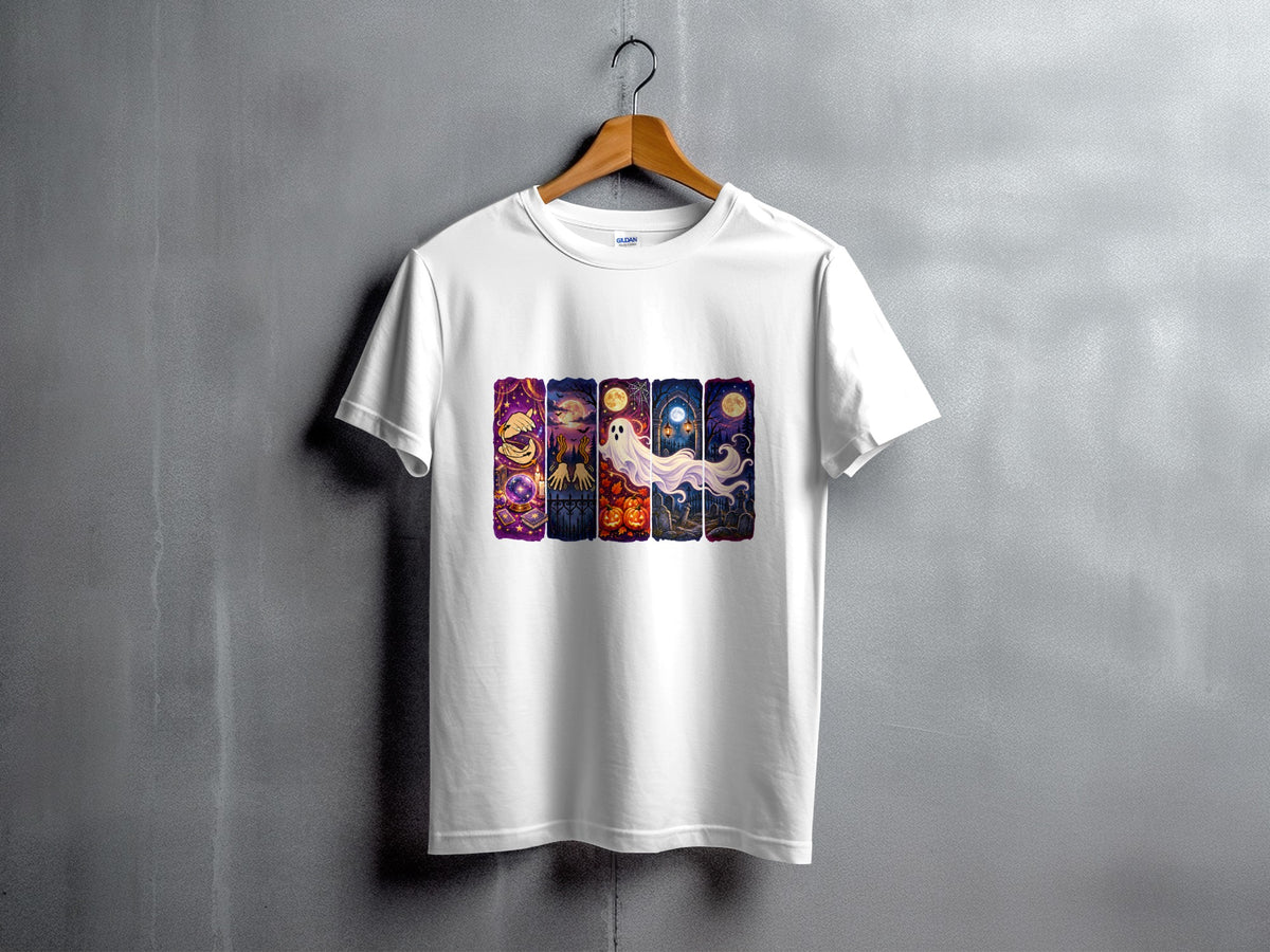 White t-shirt with a Halloween-themed graphic featuring a ghost and various spooky scenes.