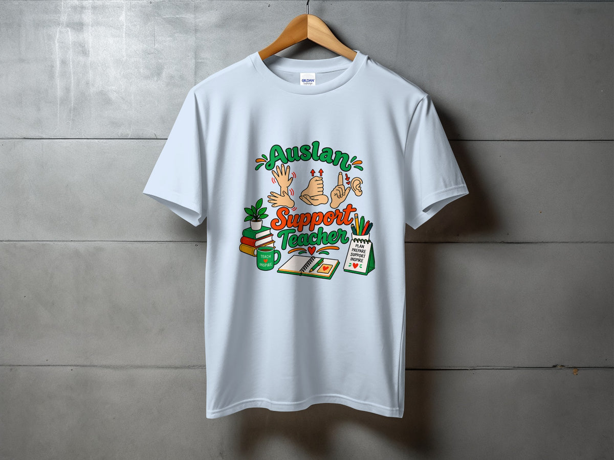 Light blue t-shirt with "Auslan Support Teacher" text and ASL hand signs graphic.