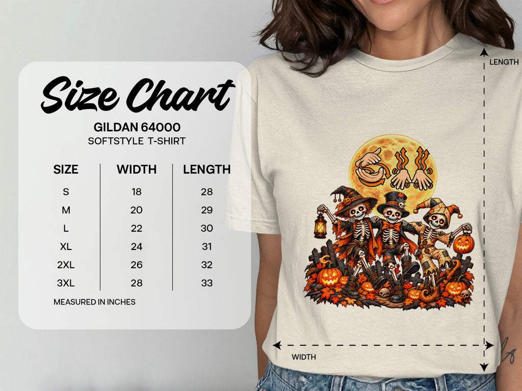 Size chart for Gildan 64000 Softstyle T-Shirt showing width and length measurements in inches.